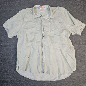 Tommy Bahama Shirt Mens 2XL XXL Green Button-Up Stripe Short Sleeve Linen Blend